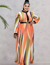 Women Plus Size Paneled Belted Round Neck Swing Skirt Maxi Dress