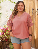 Women Plus Size Peach Elegant V Neck Short Sleeve Blouse