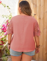 Women Plus Size Peach Elegant V Neck Short Sleeve Blouse