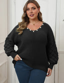 Women Plus Size Pineapple Sleeve Stitching Deep V Neck Sweater