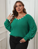 Women Plus Size Pineapple Sleeve Stitching Deep V Neck Sweater