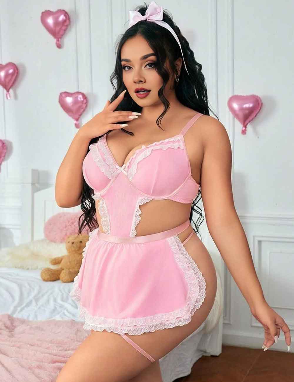 Women Plus Size PinkLace Patchwork Maid Costume
