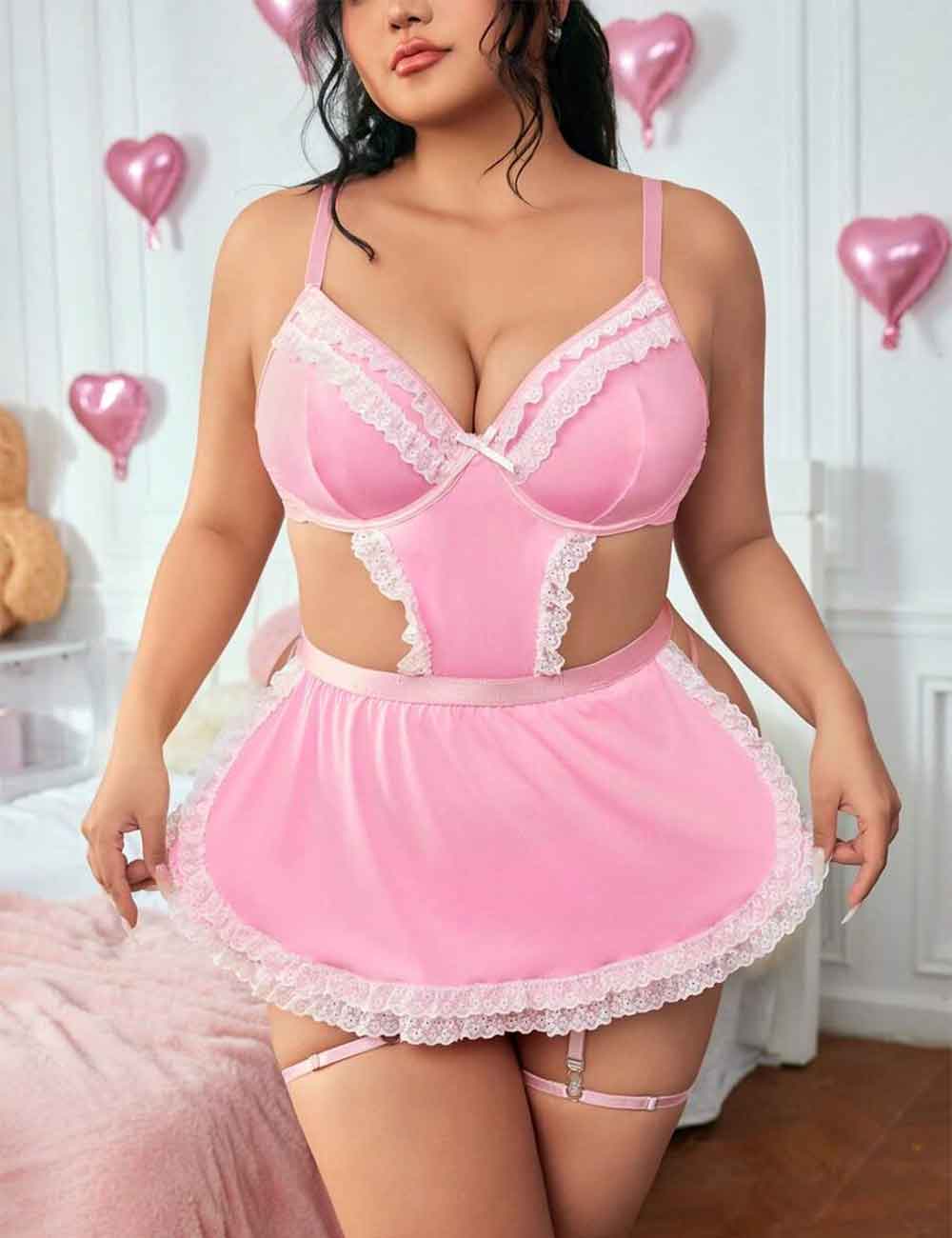 Women Plus Size PinkLace Patchwork Maid Costume