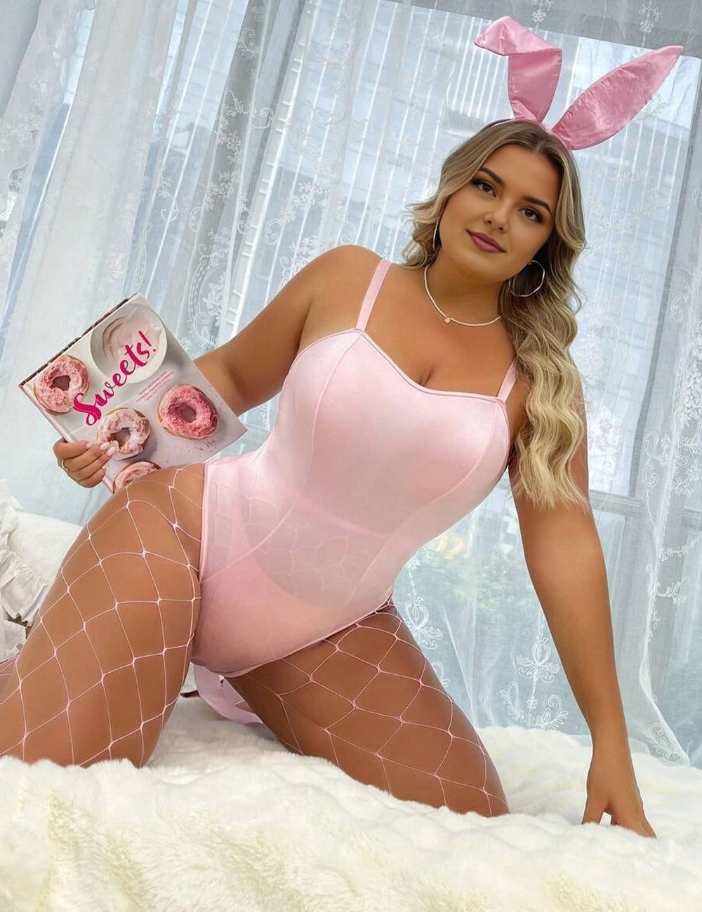 Women Plus Size Pink Bunny Costume Bodysuit
