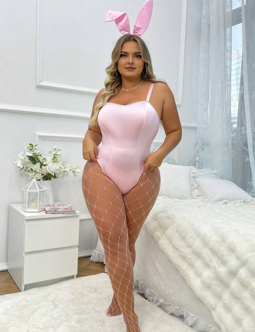 Women Plus Size Pink Bunny Costume Bodysuit
