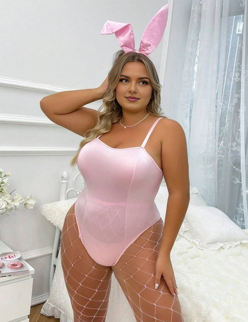 Women Plus Size Pink Bunny Costume Bodysuit