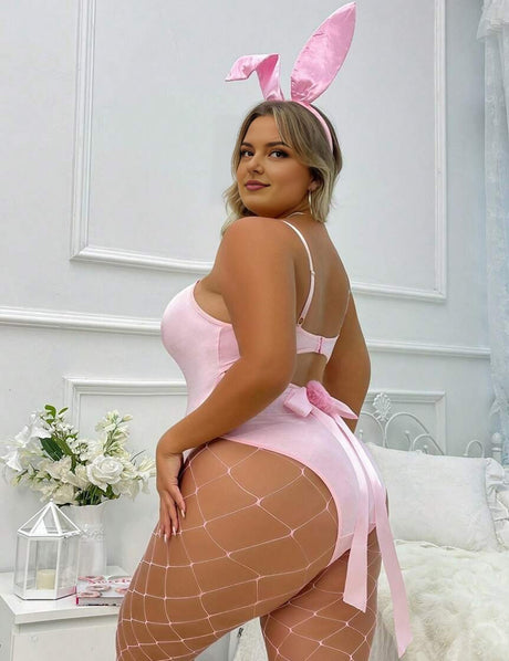 Women Plus Size Pink Bunny Costume Bodysuit