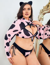 Women Plus Size Pink Cow Spot Uniform-3