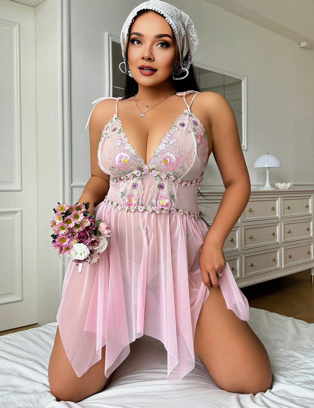 Women Plus Size Pink Embroidered Babydoll Lingerie