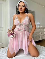 Women Plus Size Pink Embroidered Babydoll Lingerie