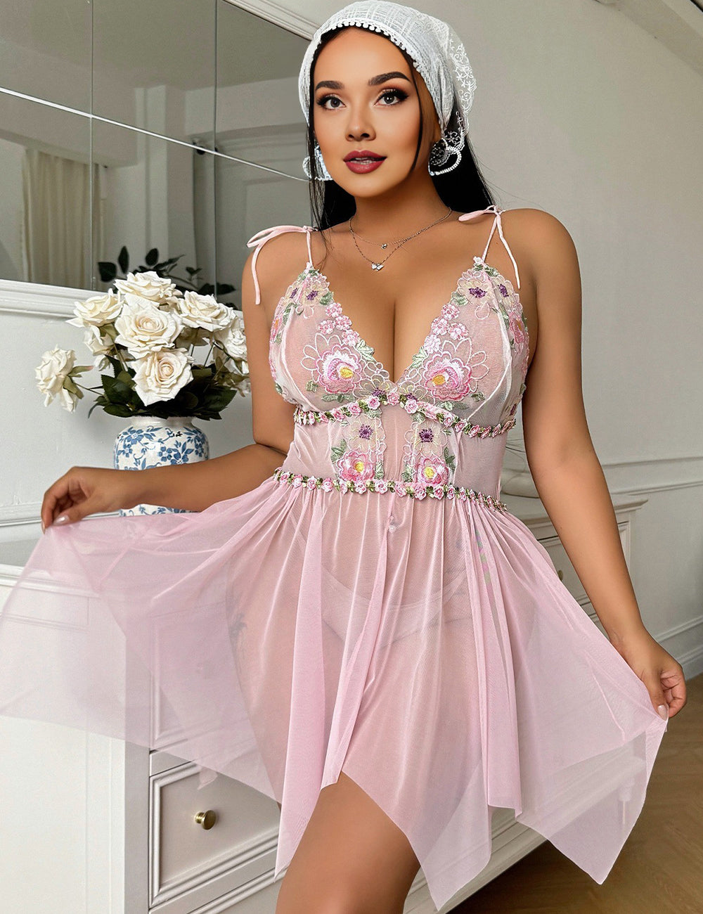 Women Plus Size Pink Embroidered Babydoll Lingerie