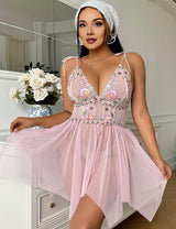 Women Plus Size Pink Embroidered Babydoll Lingerie
