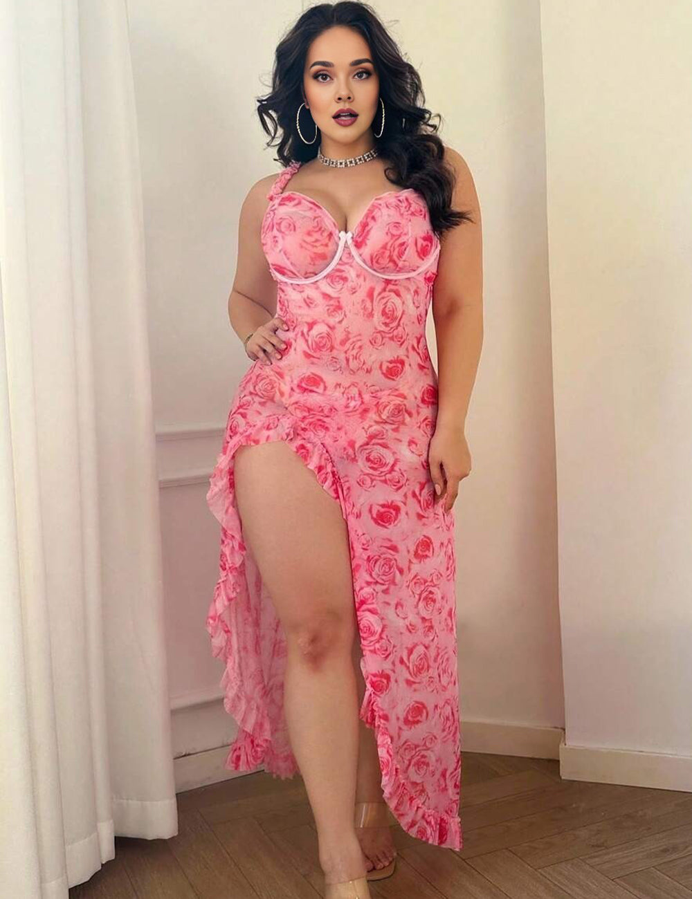 Women Plus Size Pink Floral Pattern Long Mesh Babydoll