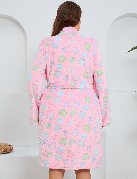Women Plus Size Pink Floral Print Flannel Robe