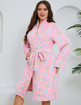 Women Plus Size Pink Floral Print Flannel Robe