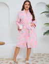 Women Plus Size Pink Floral Print Flannel Robe