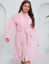 Women Plus Size Pink Floral Print Flannel Robe
