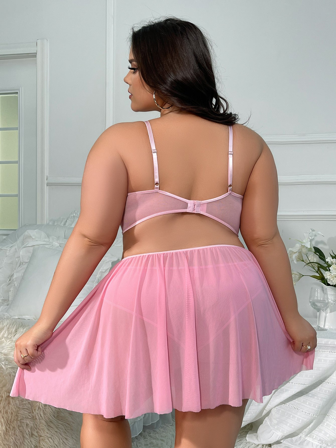 Women Plus Size Pink Halter Lace Stitching Babydoll-1