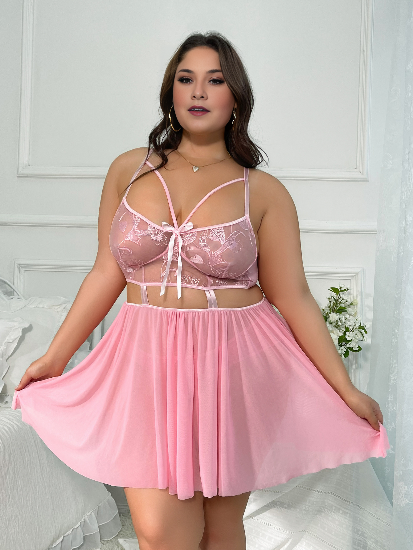 Women Plus Size Pink Halter Lace Stitching Babydoll-3