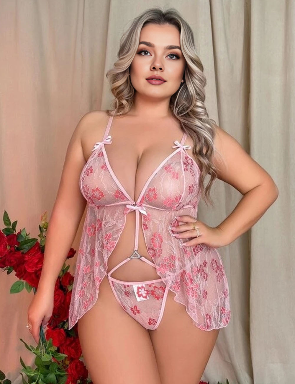 Women Plus Size Pink Lace Hollow Print See-through Babydoll-1