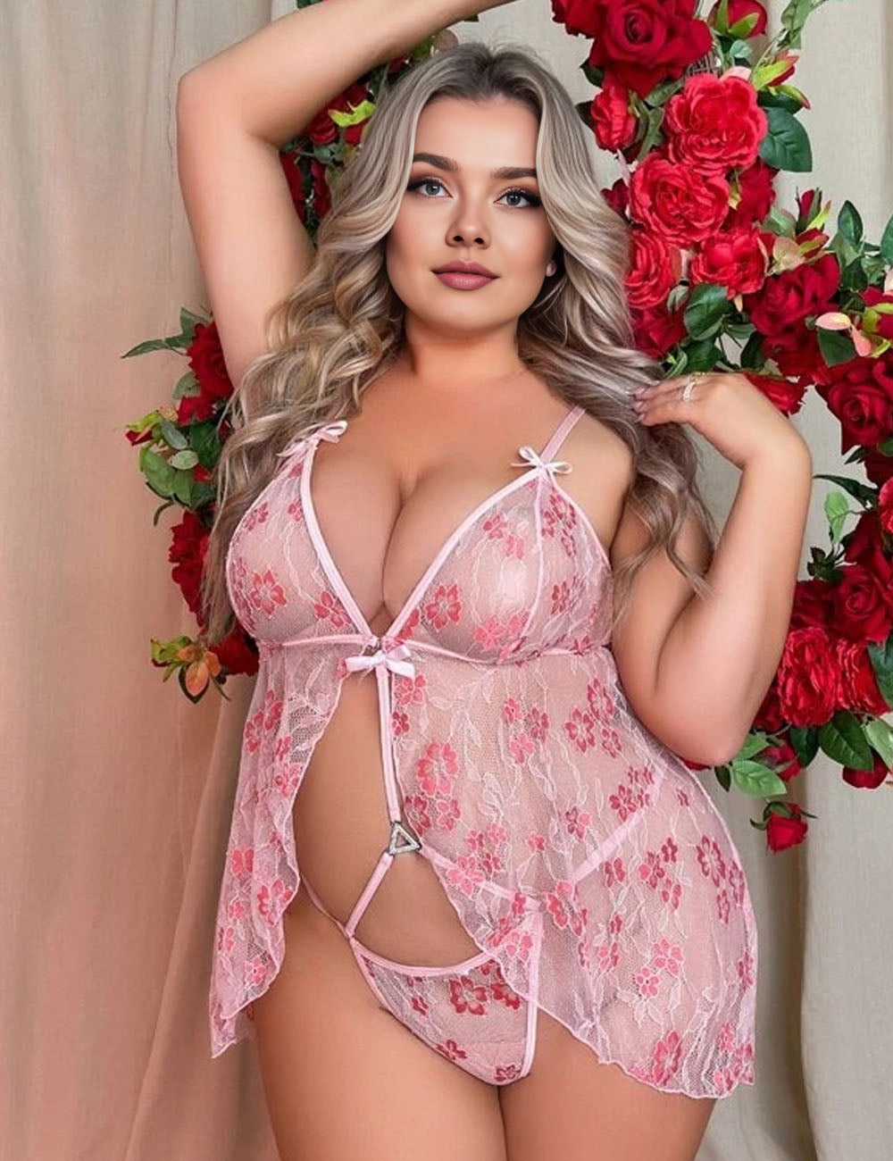 Women Plus Size Pink Lace Hollow Print See-through Babydoll