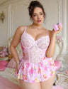 Women Plus Size Pink Lace Patchwork Floral Babydoll