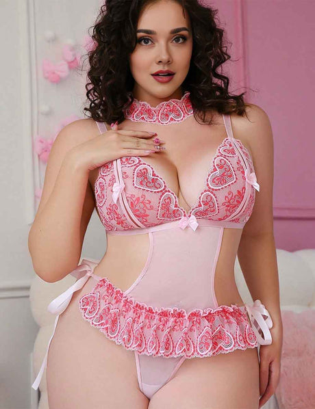 Women Plus Size Pink Lace Sheer Mesh Teddy