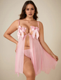 Women Plus Size Pink Mesh Bow Open Cup Babydoll-1-10