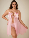 Women Plus Size Pink Mesh Bow Open Cup Babydoll-1-10