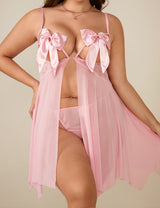 Women Plus Size Pink Mesh Bow Open Cup Babydoll-1-11