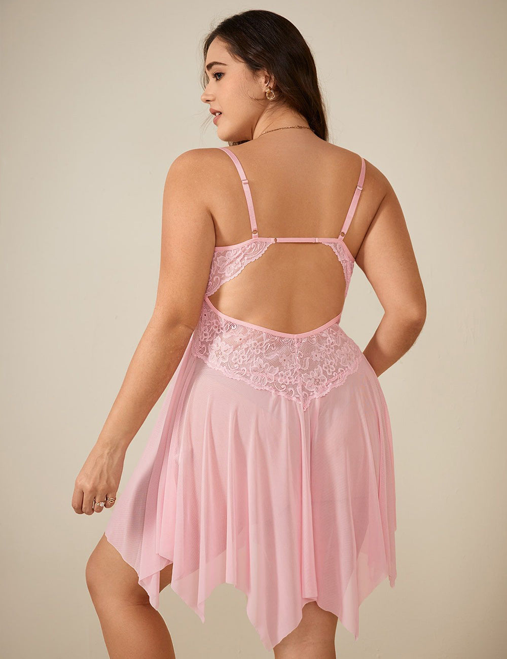 Women Plus Size Pink Mesh Bow Open Cup Babydoll-1-12
