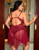 Women Plus Size Pink Mesh Bow Open Cup Babydoll-1-6