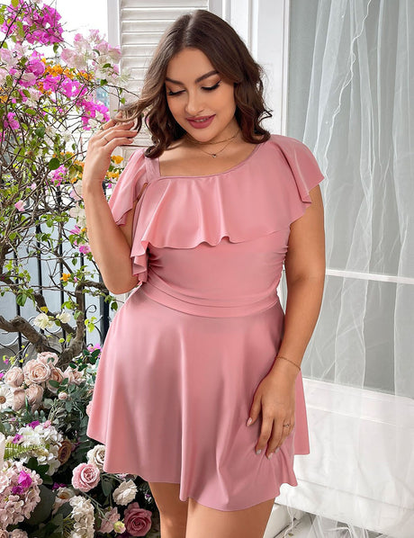 Women Plus Size Pink Ruffled Tankini Two-Piece Swimsuit-2