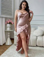 Women Plus Size Pink Satin Draped Ruffle Slit Nightgown