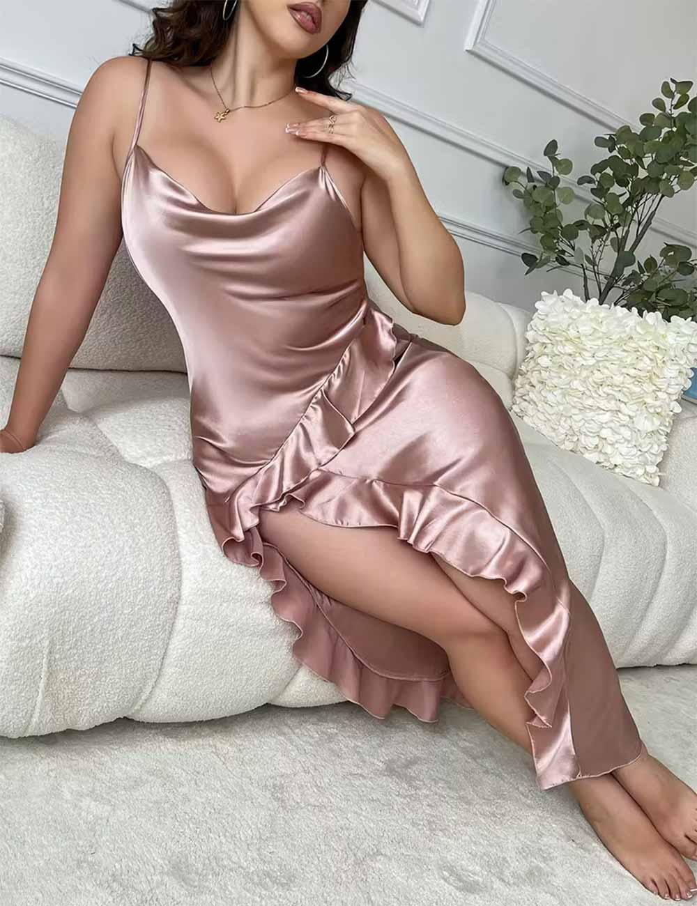 Women Plus Size Pink Satin Slit Nightgown