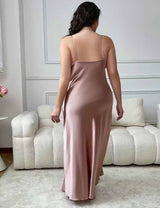 Women Plus Size Pink Satin Nightgown back view