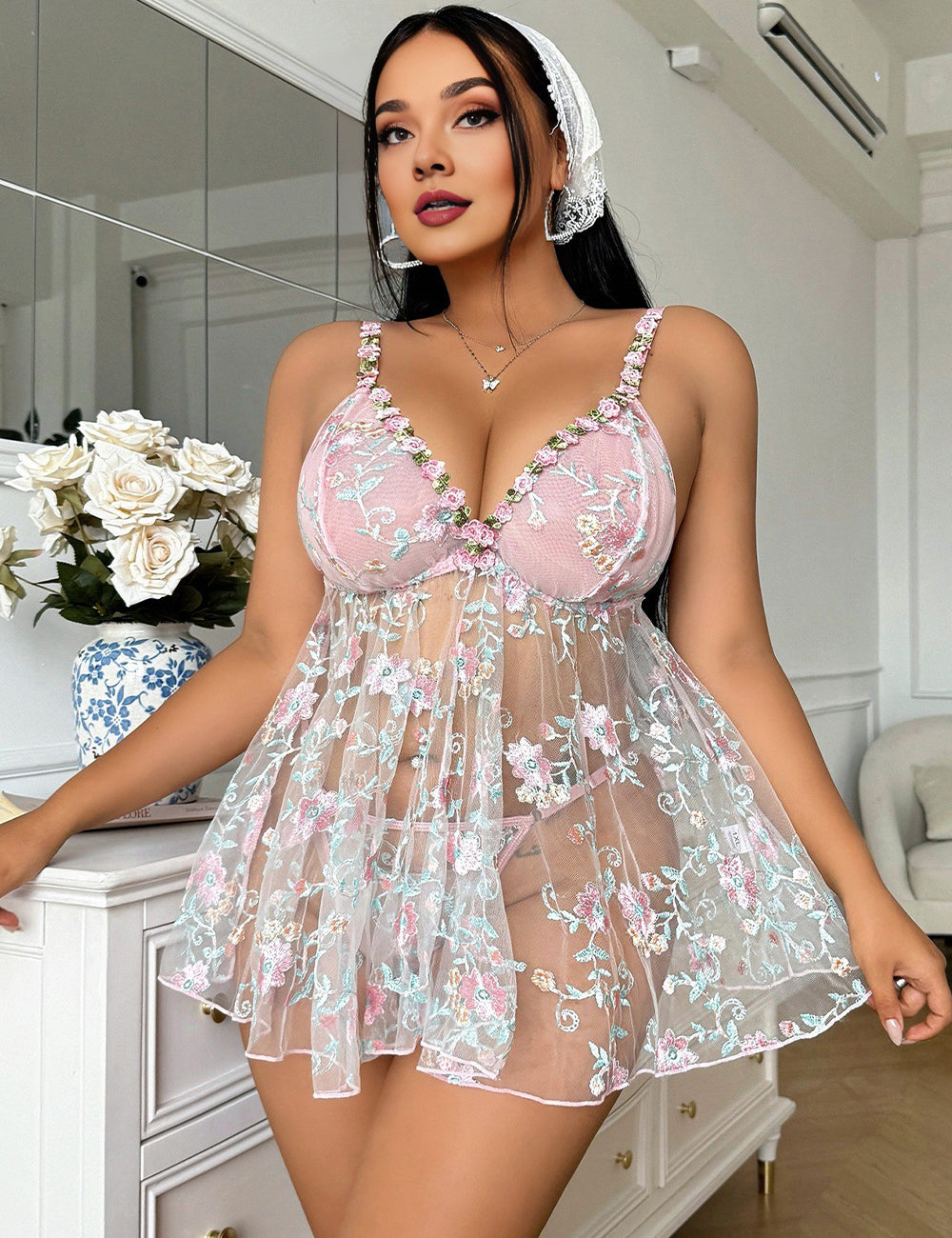 Women Plus Size Pink See-Through Embroidered Babydoll
