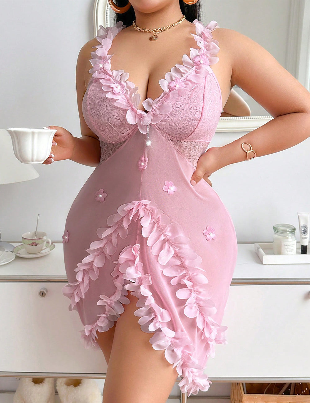 Women Plus Size Pink Sexy Ruffle Lace Babydoll | PRUSES