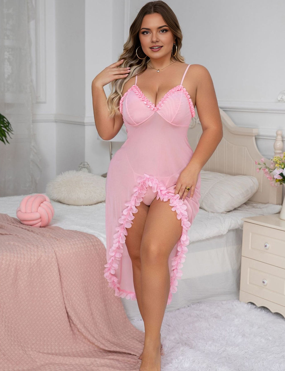 Women Plus Size Pink Sheer Split Babydoll Nightgown