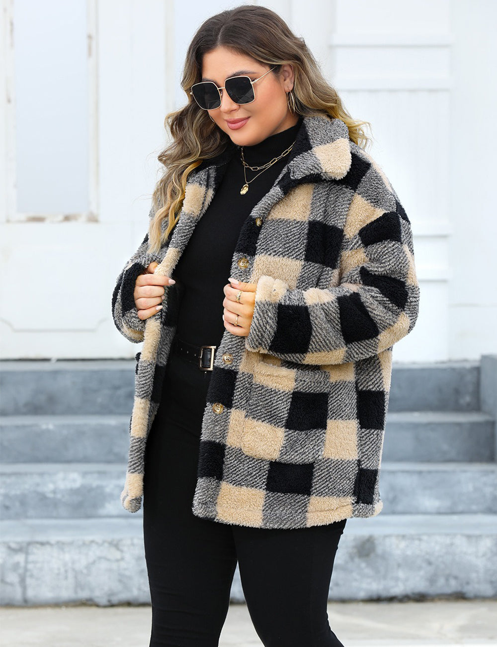Women Plus Size Plaid Fleece Lined Turn-Down Collar Coat