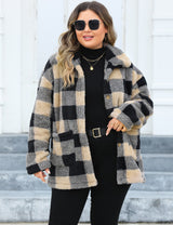 Women Plus Size Plaid Fleece Lined Turn-Down Collar Coat