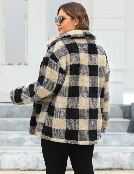 Women Plus Size Plaid Fleece Lined Turn-Down Collar Coat