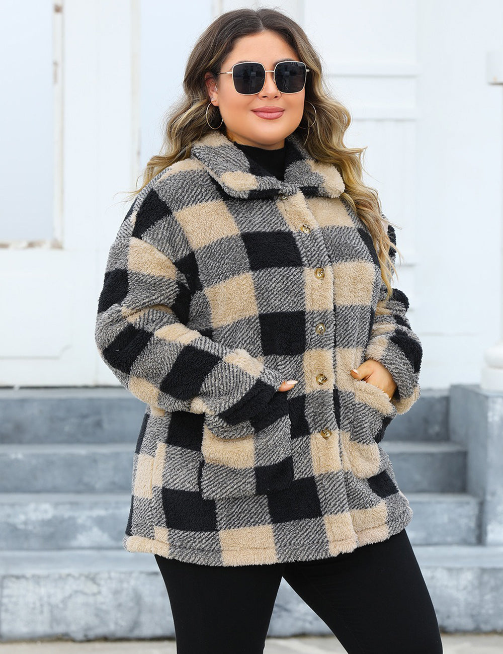 Women Plus Size Plaid Fleece Lined Turn-Down Collar Coat
