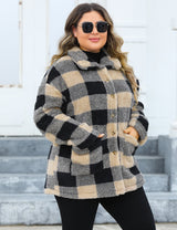 Women Plus Size Plaid Fleece Lined Turn-Down Collar Coat