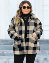 Women Plus Size Plaid Fleece Lined Turn-Down Collar Coat