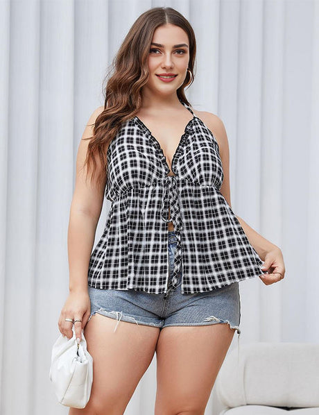 Women Plus Size Plaid Halter Neck Cami | PRUSES