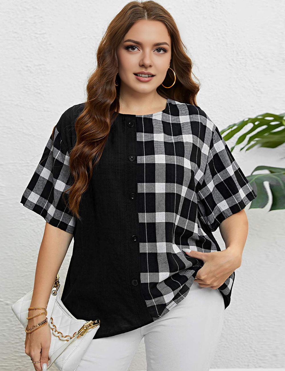 Women_Plus_Size_Plaid_Patchwork_Short_Sleeves_PRUSES_10