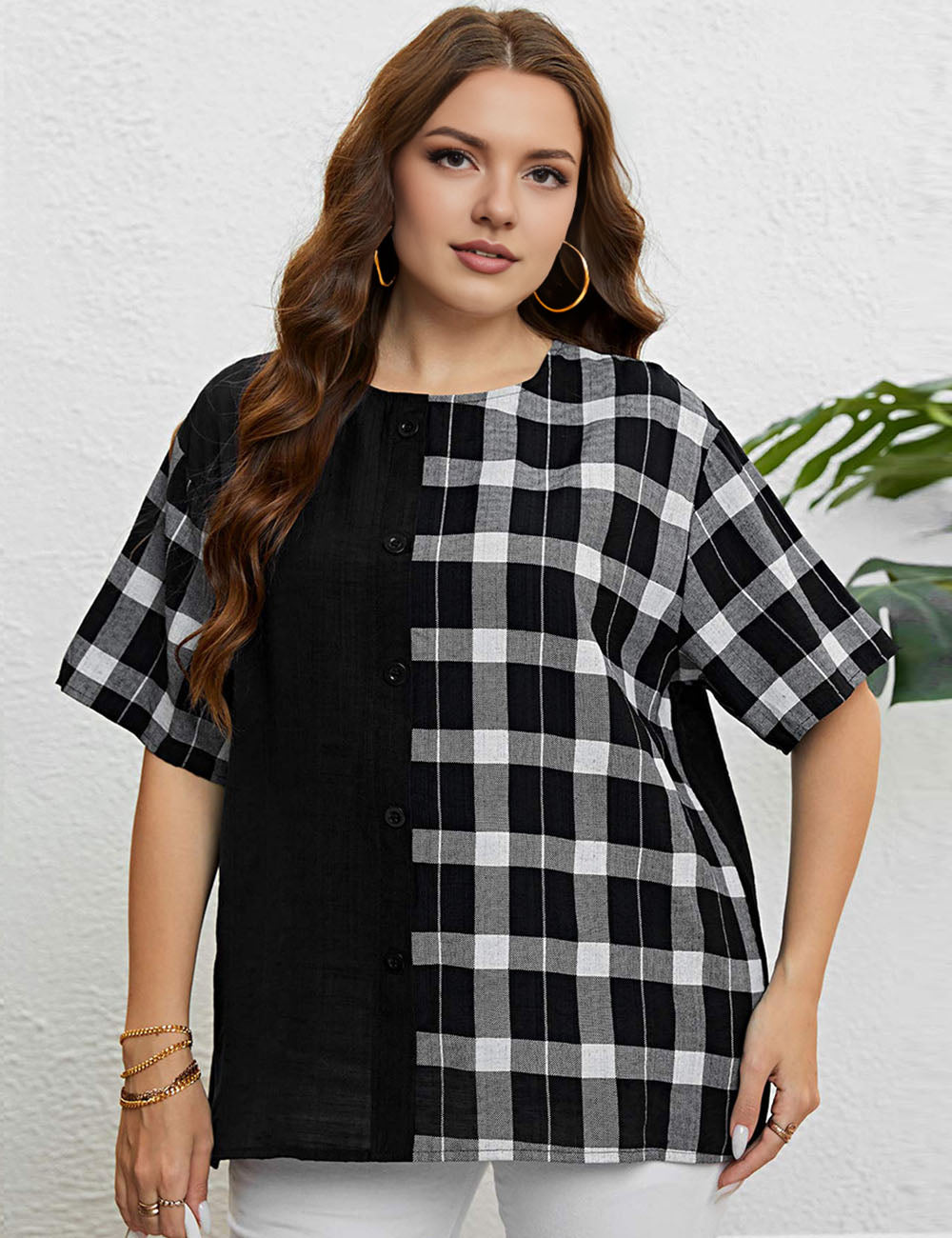 Women_Plus_Size_Plaid_Patchwork_Short_Sleeves_PRUSES_7