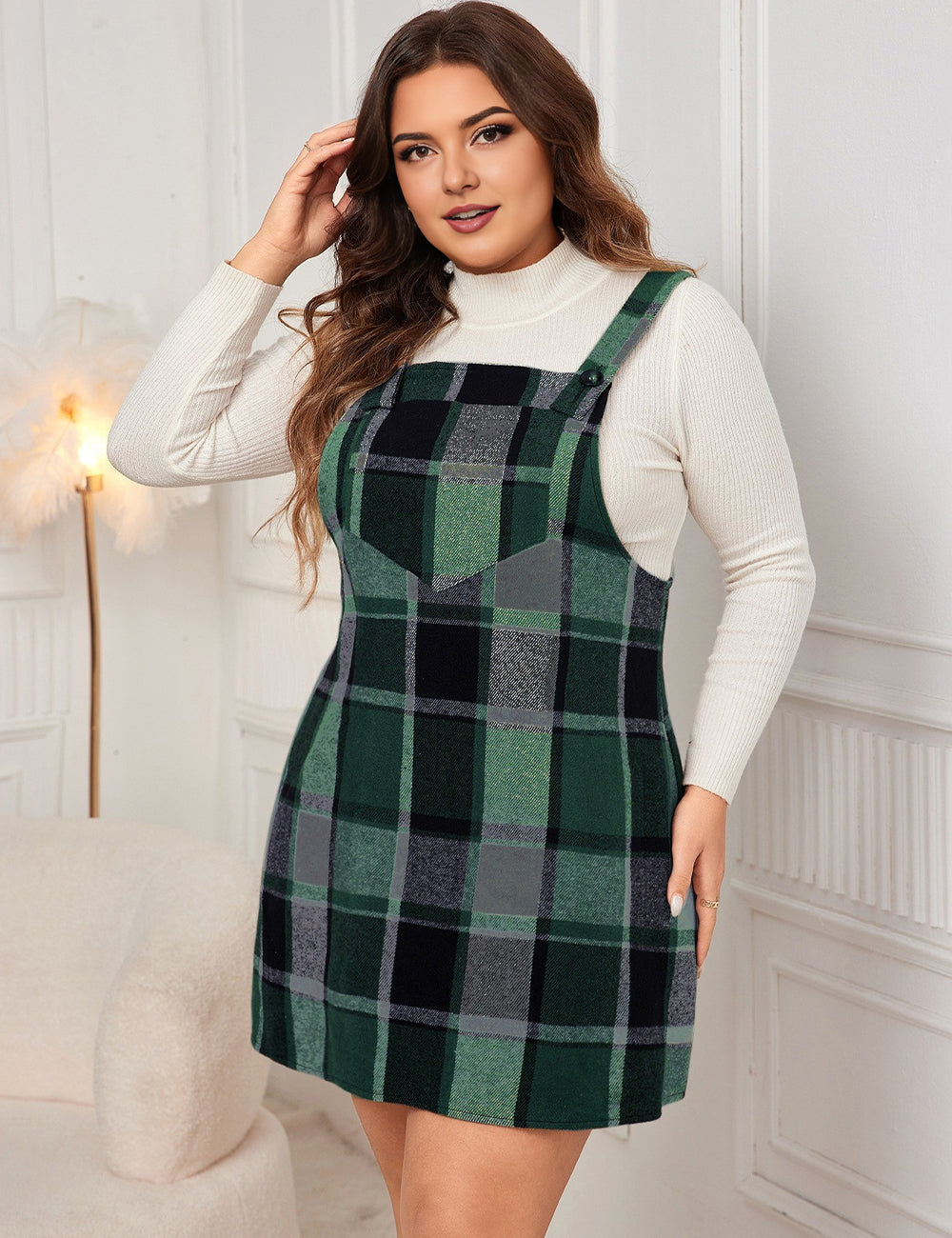 Women Plus Size Plaid Print Wool-Blend Pinafore Dress