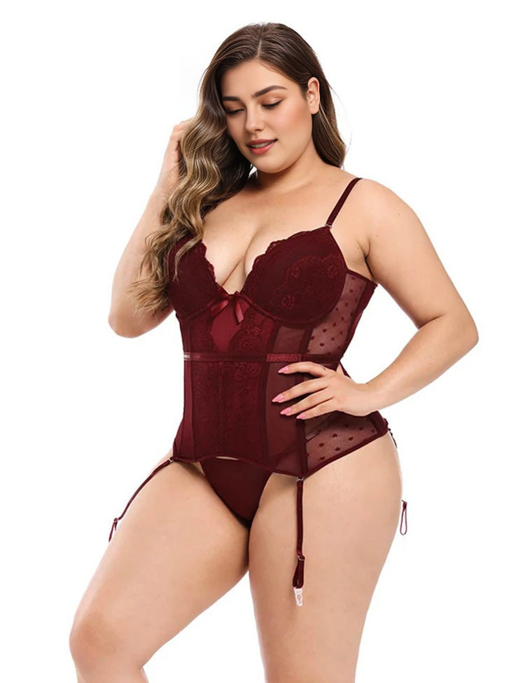 Women Plus Size Plastic Bone Luxurious Satin Lace Panel Corset-1